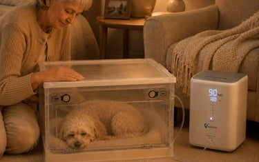 Elderly woman watching her dog during nighttime oxygen support with a pet oxygen concentrator and chamber chamber