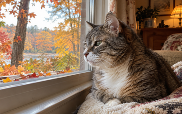 Senior cat in fall looking out the window at autumn leaves